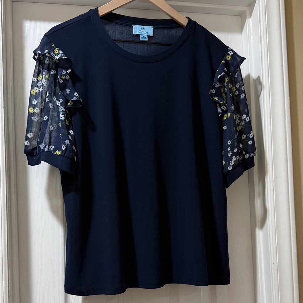 CeCe Midnight Blue Blouse with Floral Mesh Sleeves